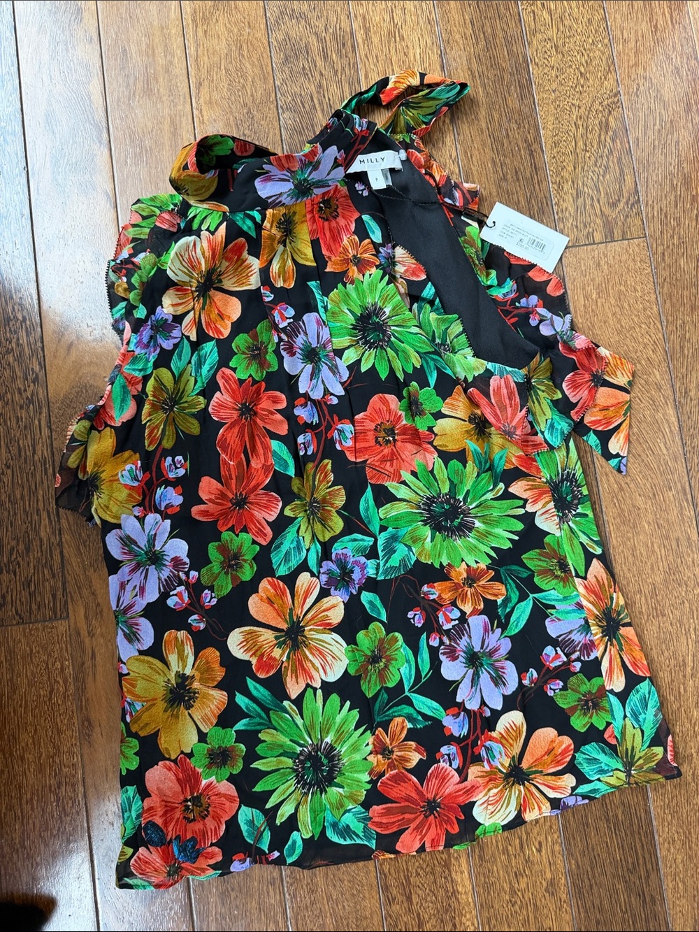 Milly Black Halter Floral Camisole with Multicolor Blooms